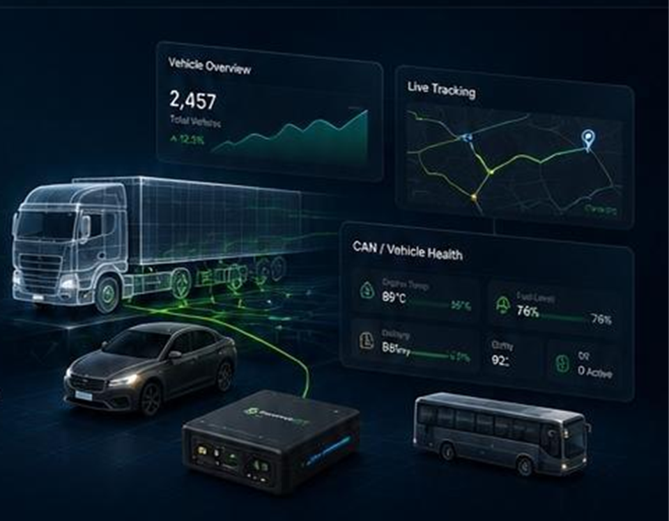 Connected truck, car, bus and telematics gateway with live fleet dashboards